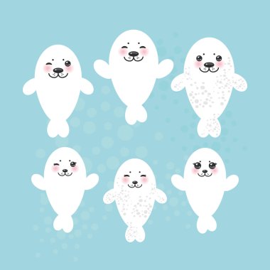 large set Funny white fur seal pups, cute winking seals with pink cheeks and big eyes. Kawaii animals albino on blue background. Vector