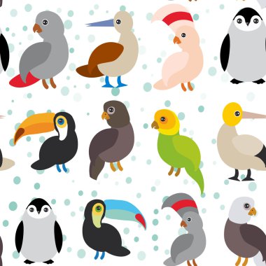 seamless pattern Cute Cartoon birds set - gannet penguin toucan parrot eagle booby  on white background. Vector