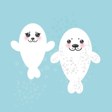 card design Funny white fur seal pups, cute seals with pink cheeks and big eyes. Kawaii albino animals on blue background. Vector