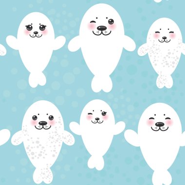 Seamless pattern Funny white fur seal pups, cute winking seals with pink cheeks and big eyes. Kawaii animals on blue background. Vector