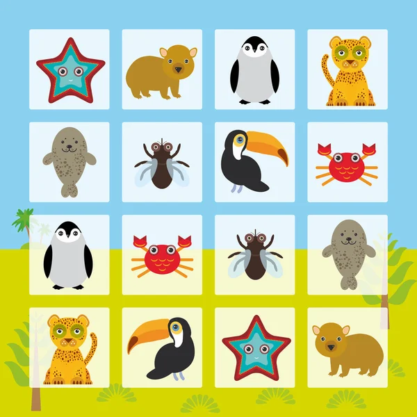 Starfish hamster Penguin leopard seal toucan crab fly Finding the Same Picture Educational game for Preschool Children. Vector — Stock vektor