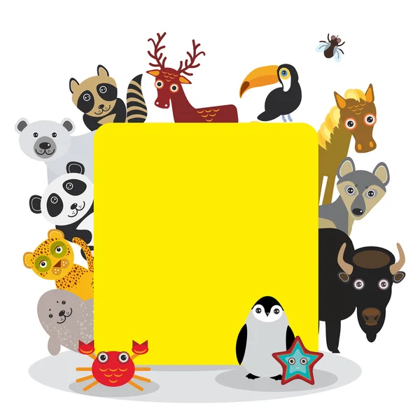 Cute Cartoon animals set toucan deer raccoon horse wolf Bison Penguin starfish crab seal leopard panda polar bear, frame on white background, card design, banner for text. Vector — Vector de stock