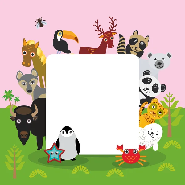 Cute Cartoon animals set toucan deer raccoon horse wolf Bison Penguin starfish crab seal leopard panda polar bear, frame, card design, banner for text. Vector — Wektor stockowy