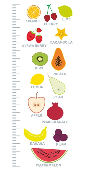Frutas frescas y jugosas sobre fondo blanco. Pegatina de pared de medidor de altura para niños, niños miden. Vector — Vector de stock
