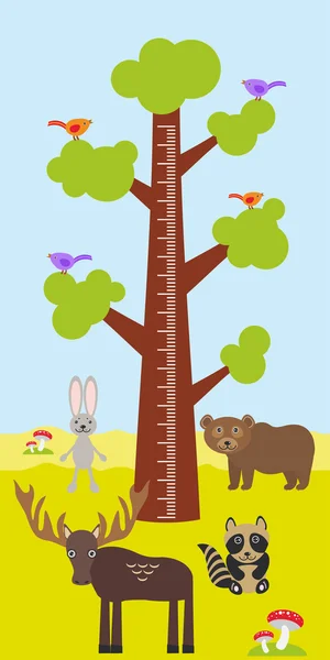 Árbol grande con hojas verdes, pájaros conejo alce oso mapache Altura niños metro pared pegatina, los niños miden. Vector — Vector de stock