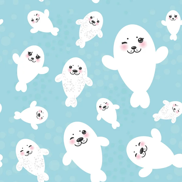 Seamless pattern Funny white fur seal pups, cute winking seals with pink cheeks and big eyes. Kawaii albino animals on blue background. Vector — Stock vektor