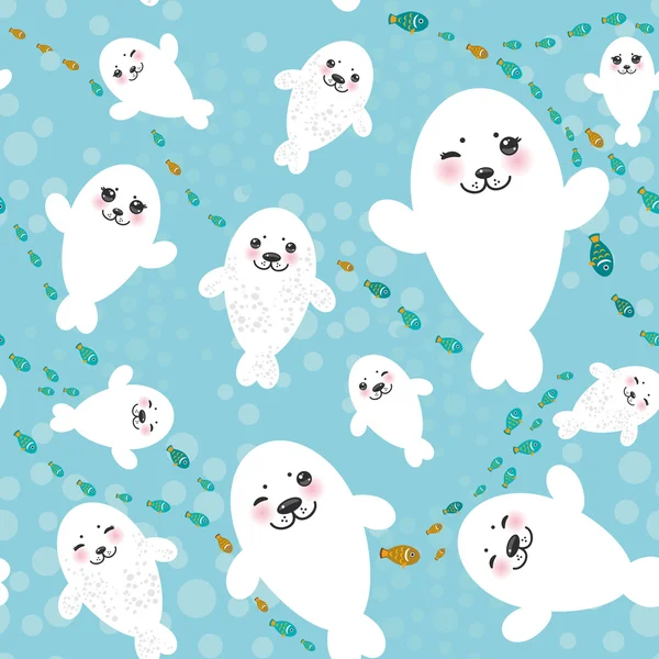 Padrão sem costura Engraçado albino branco pele foca filhotes, bonito piscar selos com bochechas cor-de-rosa e grandes olhos. Animais Kawaii em fundo azul. Vetor —  Vetores de Stock