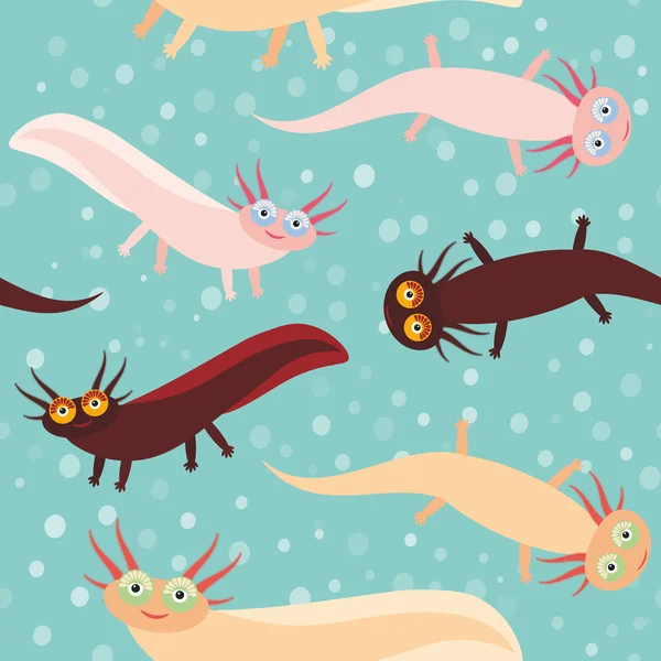 Patrón sin costuras Lindo personaje de dibujos animados de color marrón rosado anaranjado Axolotl sobre fondo azul en el acuario (salamandra mexicana, Ambystoma mexicanum) animal de acuario. Vector — Vector de stock
