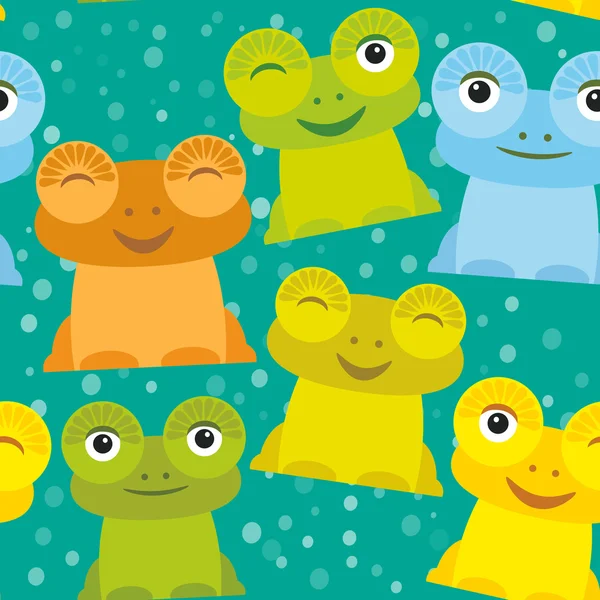 Cute Cartoon funny frog set yellow green blue orange on turquoise background, seamless pattern. Vector — Stockový vektor