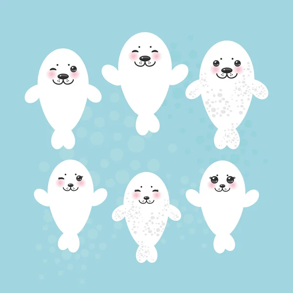 Conjunto grande Divertido cachorros de foca de piel blanca, lindos sellos parpadeantes con mejillas rosadas y ojos grandes. Kawaii animales albino sobre fondo azul. Vector — Archivo Imágenes Vectoriales