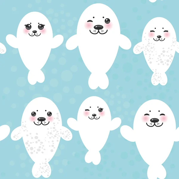 Seamless pattern Funny white fur seal pups, cute winking seals with pink cheeks and big eyes. Kawaii animals on blue background. Vector — Stockvector