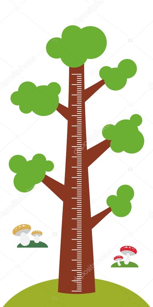 Big tree with green leaves on white background Children height meter wall sticker, kids measure. Vector