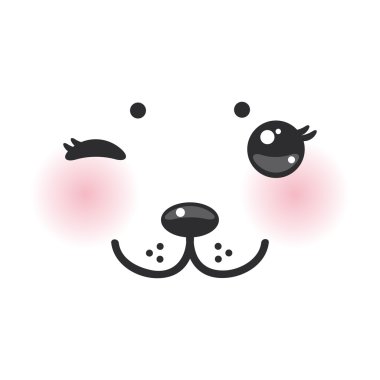 Kawaii funny albino animal white muzzle with pink cheeks and winking eyes. Vector