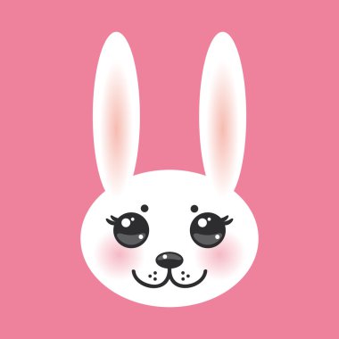 Kawaii funny animal muzzle white rabbit on pink background with pink cheeks and big black eyes. Vector
