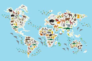 Cartoon animal world map for children and kids, Animals from all over the world, white continents and islands on blue background of ocean and sea. Vector clipart