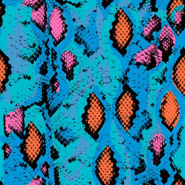 Snake skin texture. Seamless pattern pink blue orange black background. Vector