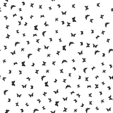 set butterflies, cicada isolated black silhouette. Seamless pattern on white background. Vector