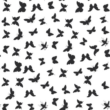 set butterflies, cicada isolated black silhouette. Seamless pattern on white background. Vector