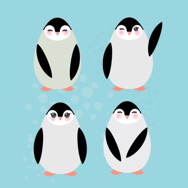 Funny penguins on blue background. Vector