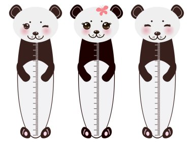 Kawaii funny panda white muzzle with pink cheeks and big black eyes  on white background Children height meter wall sticker, kids measure. Vector clipart