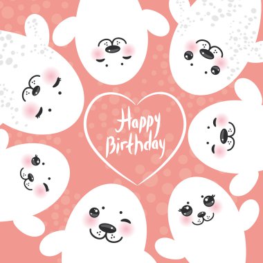 Happy birthday card design Funny white fur seal pups, cute winking seals with pink cheeks and big eyes. Kawaii albino animals on pink background. Vector