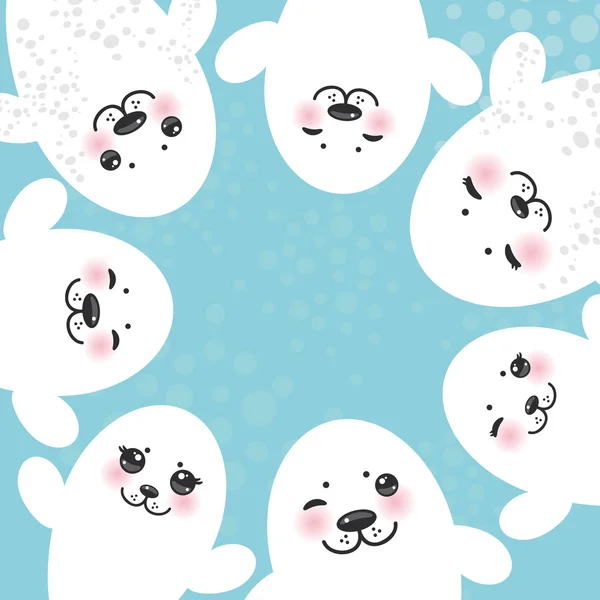 Diseño de la tarjeta Divertidos cachorros de foca de piel blanca, lindos sellos parpadeantes con mejillas rosadas y ojos grandes. Animales albinos Kawaii sobre fondo azul. Vector — Vector de stock