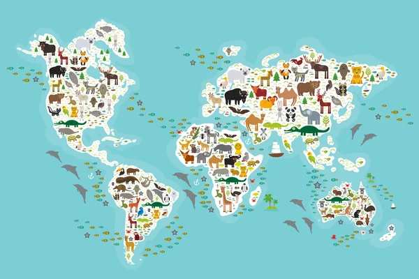 Cartoon mapa do mundo animal para crianças e crianças, animais de todo o mundo, continentes brancos e ilhas no fundo azul do oceano e do mar. Vetor — Vetor de Stock