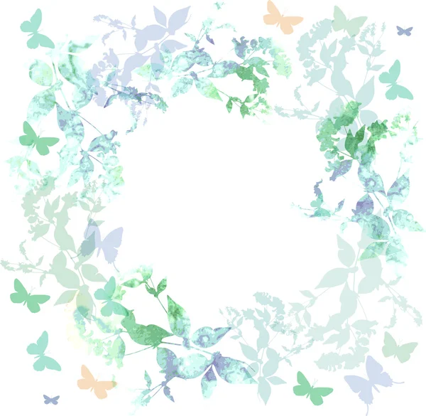 Spring background, Colorful butterflies set wreath with green mint leaves, watercolor. Round banner for text. spring summer card design on white background. Vector — Stok Vektör