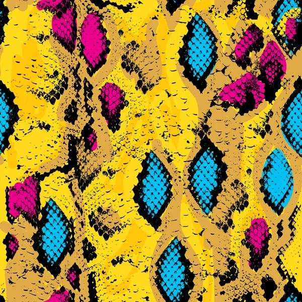 Textura de piel de serpiente. Patrón sin costuras rosa azul anaranjado negro amarillo fondo. Vector — Vector de stock