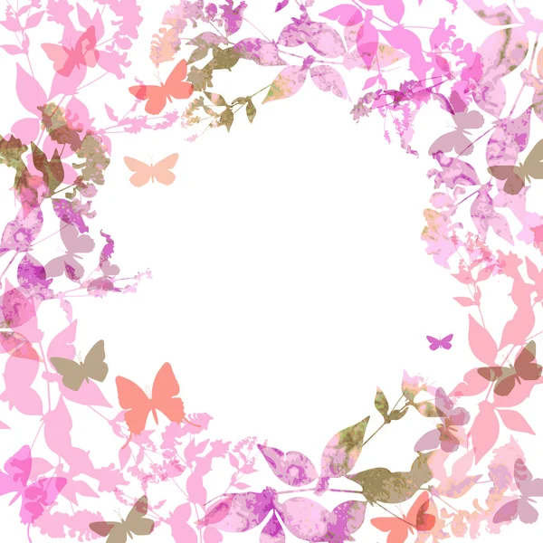 Fondo de primavera, mariposas de colores establecer corona con hojas de color rosa lila, acuarela. Banner redondo para texto. diseño de la tarjeta de verano primavera sobre fondo blanco. Vector — Archivo Imágenes Vectoriales