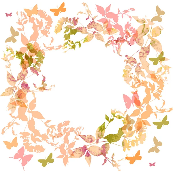 Fundo de primavera, borboletas coloridas definir grinalda com folhas rosa, aquarela. Banner redondo para texto. projeto de cartão de verão primavera no fundo branco. Vetor —  Vetores de Stock