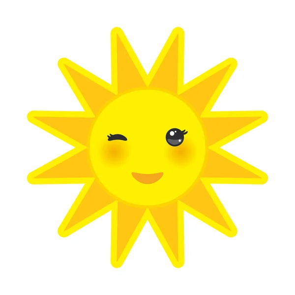 Funny cartoon yellow sun smiling and winking eyes and pink cheeks, sun on white background. Vector — Stockvector