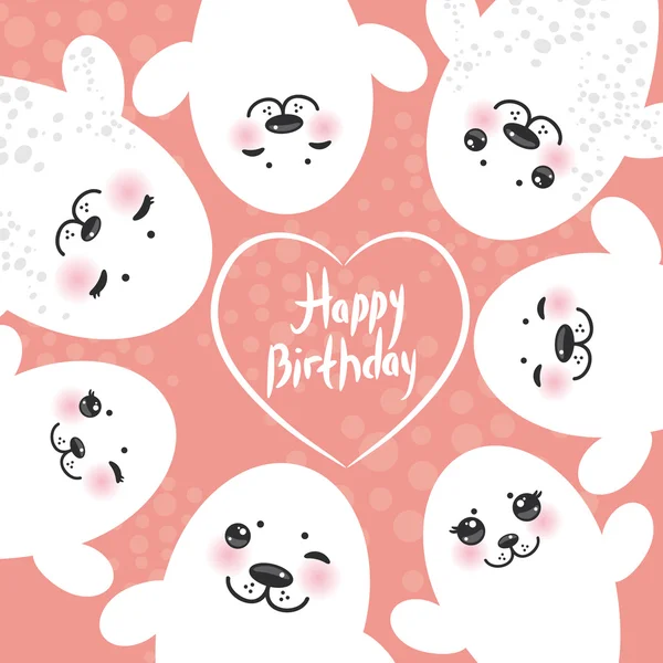 Joyeux anniversaire conception de la carte Joyeux bébés otaries blanches fourrure, phoques clignotants mignons avec des joues roses et de grands yeux. Animaux albinos Kawaii sur fond rose. Vecteur — Image vectorielle