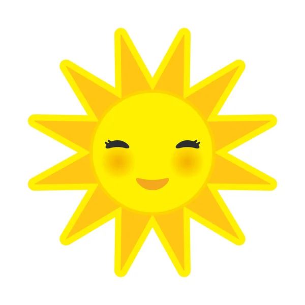 Divertido sol amarillo de dibujos animados sonriendo con los ojos cerrados y mejillas de color rosa, sol sobre fondo blanco. Vector — Vector de stock