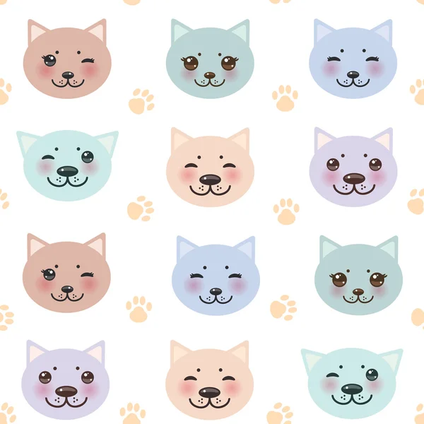 Seamless pattern funny cat muzzle and paw prints on white background. Vector — 스톡 벡터