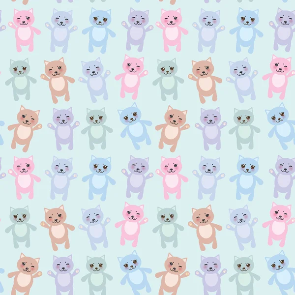 Seamless pattern funny cats pastel colors on blue background. Vector — Stockvector