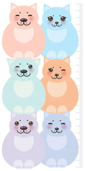 Set funny cats, pastel colors  on white background Children height meter wall sticker, kids measure. Vector — Stock Vector