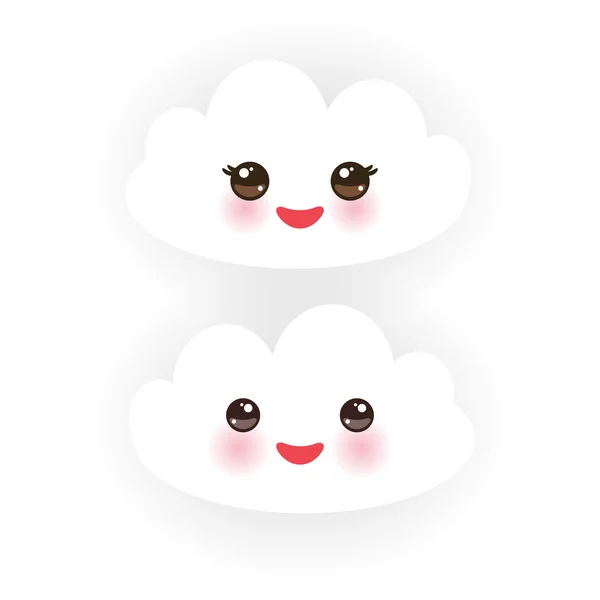 Kawaii nuages blancs drôles, museau avec les joues roses et les yeux clignants sur fond blanc. Vecteur — Image vectorielle