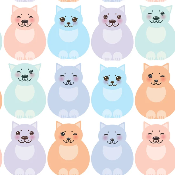 Establecer gatos divertidos, colores pastel sobre fondo blanco patrón sin costuras. Vector — Vector de stock