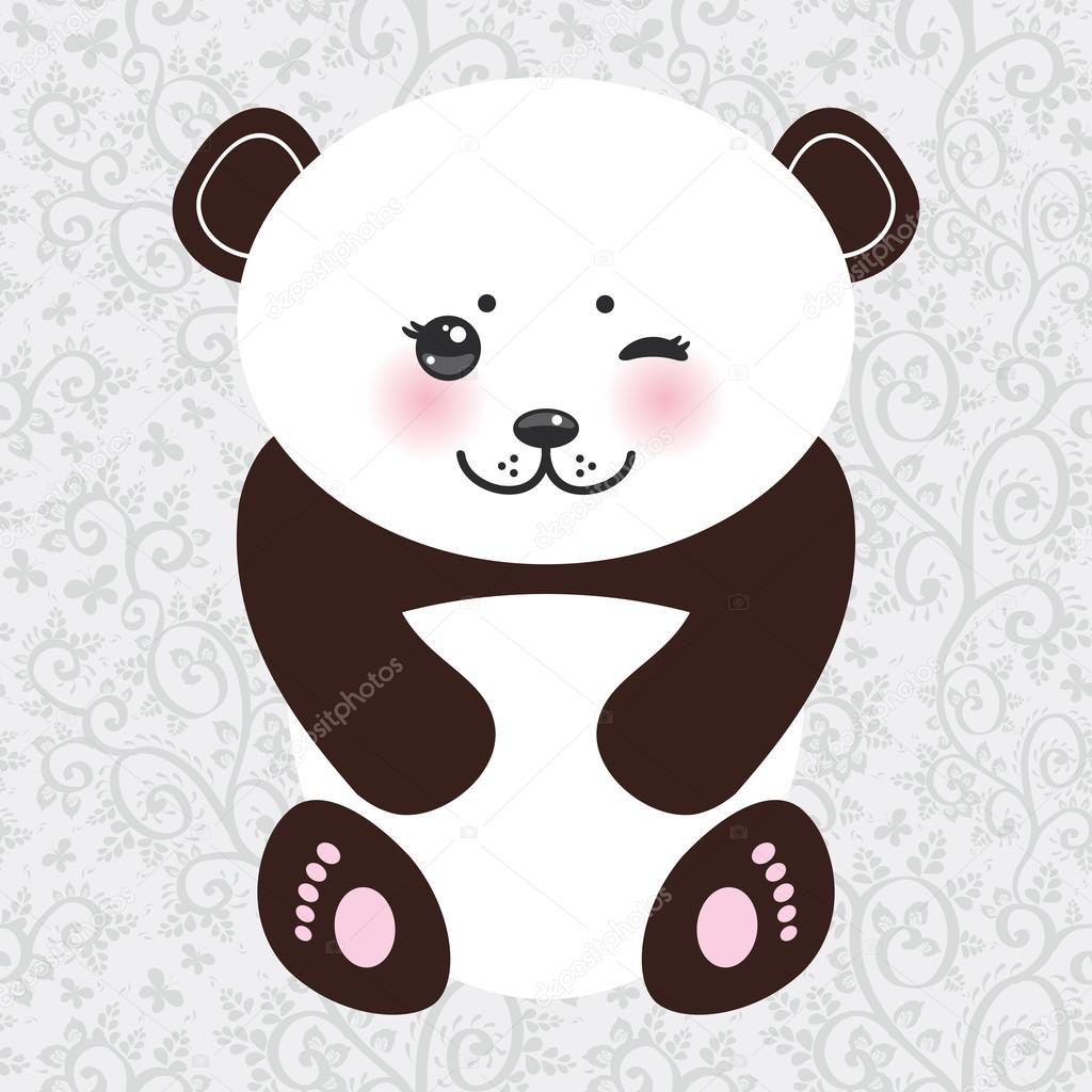 Kawaii funny panda white muzzle with pink cheeks and winking black eyes. Vector