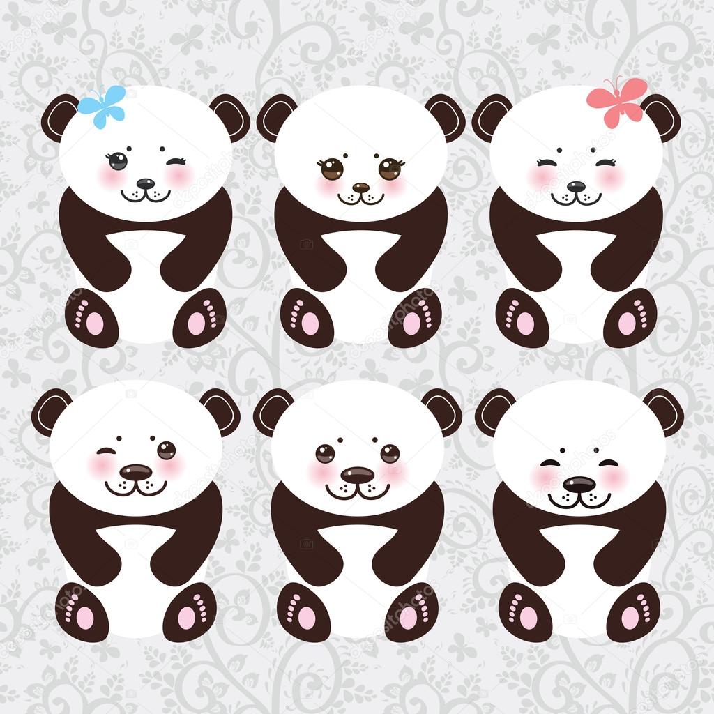 Kawaii funny panda white muzzle with pink cheeks and big black eyes. Vector