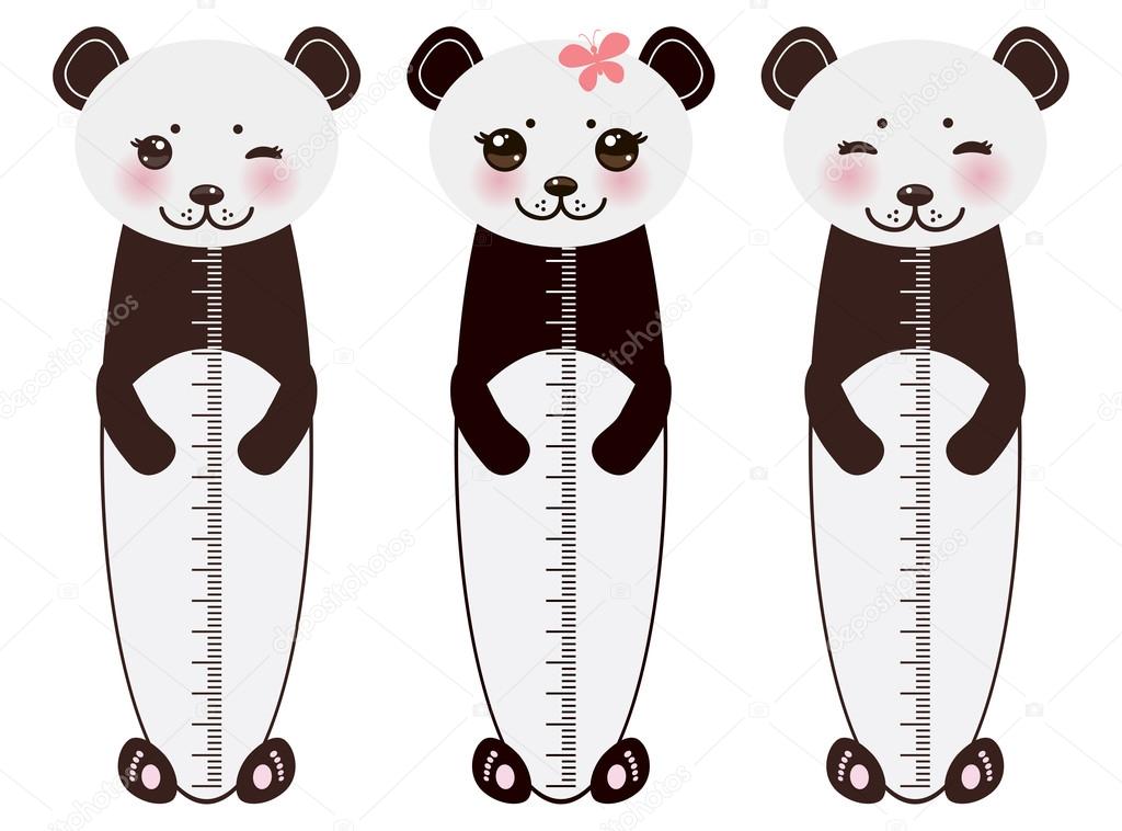 Kawaii funny panda white muzzle with pink cheeks and big black eyes  on white background Children height meter wall sticker, kids measure. Vector