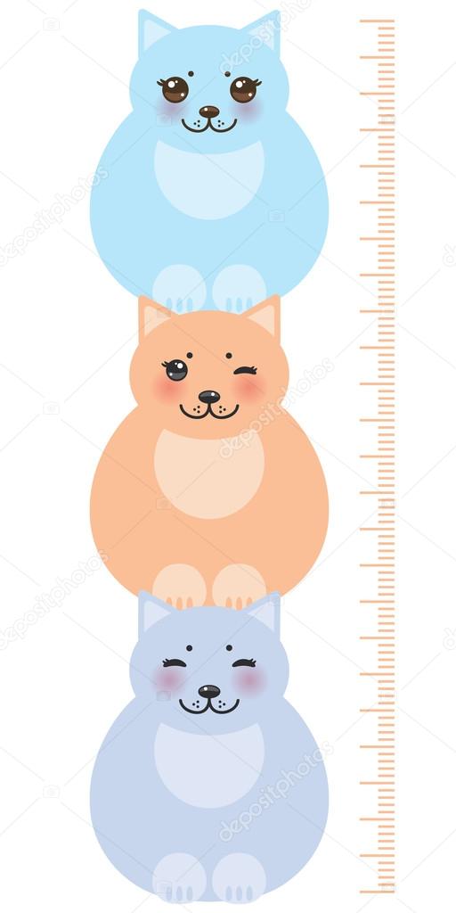  set funny cats, pastel colors on white background Children height meter wall sticker, kids measure. Vector