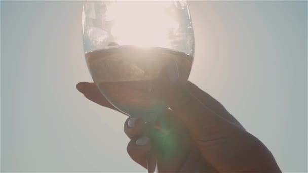 Womans hand waving gold white wine in glass on defocused background with rays of sunlight — Stock Video