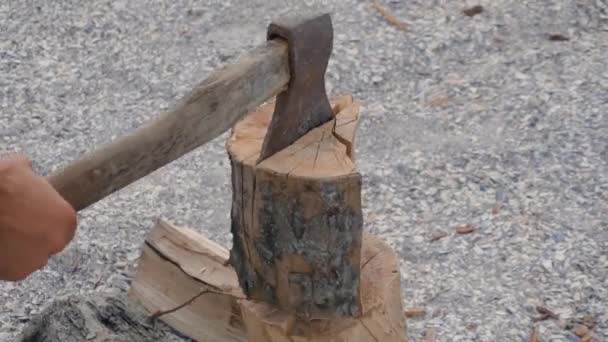 Taglio legno con grande ascia affilata. Uomo trita legna da ardere sulla spiaggia di sabbia — Video Stock