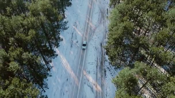 Fotografía cinematográfica de coches de pasajeros blancos conduce por carretera nevada de invierno a través del bosque de coníferas — Vídeo de stock