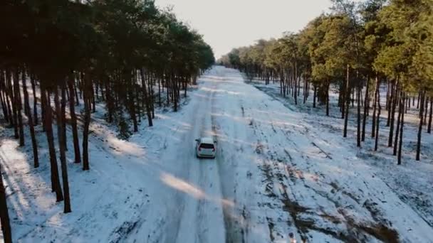 Вид с воздуха на белый автомобиль, проезжающий по снежной дороге в морозный день в лесу между деревьями зимой — стоковое видео