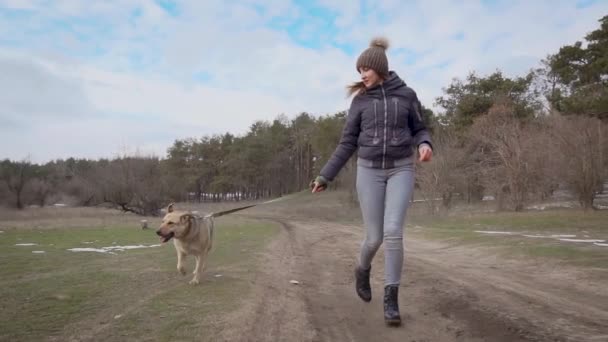 Kobieta biegacz i uroczy pies pasterz w obroży na smyczy cieszyć się na zewnątrz w pobliżu zimowego lasu śnieżnego w zwolnionym tempie — Wideo stockowe