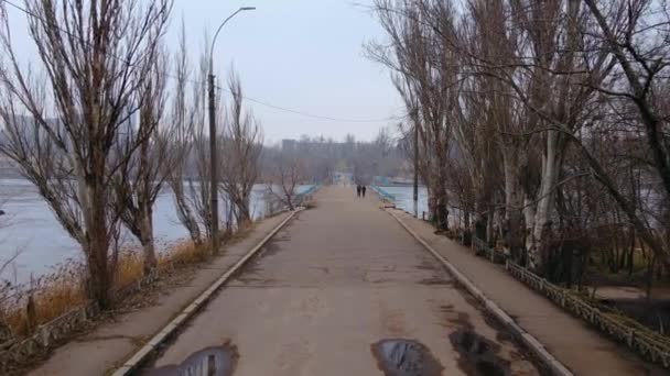Een somber landschap met bladloze bomen en twee mannen die in de buurt van bevroren rivier lopen — Stockvideo