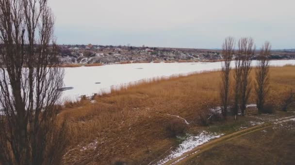 Filmisk bild av drönare flyger mellan två höga träd nära fruset vatten i floden täckt med lager snö i kallt vinterland — Stockvideo